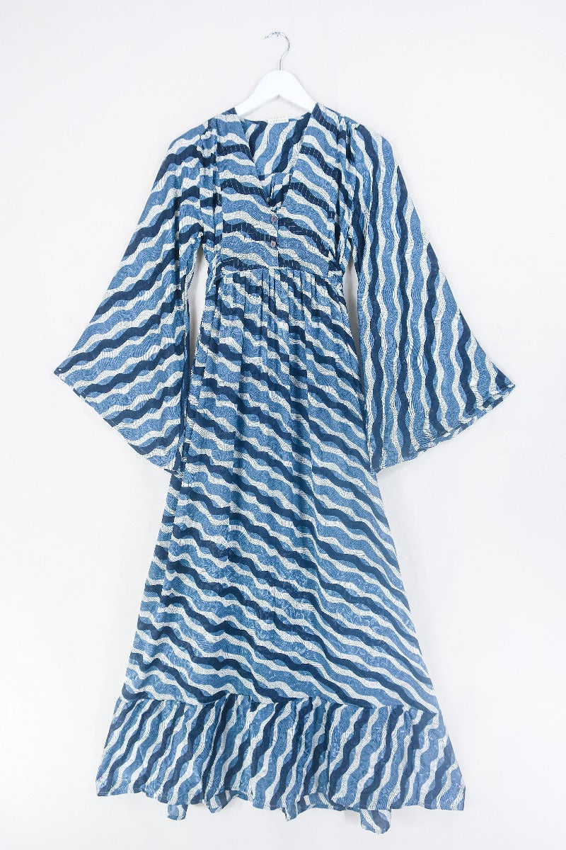 Lunar Maxi Dress - Vintage Sari - Salt White, Onyx & Slate Blue - Size XS by all about audrey
