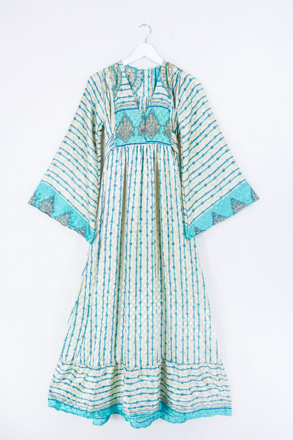 Lunar Maxi Dress - Vintage Sari - Sand & Seafoam Graphic - Size XS by all about audrey