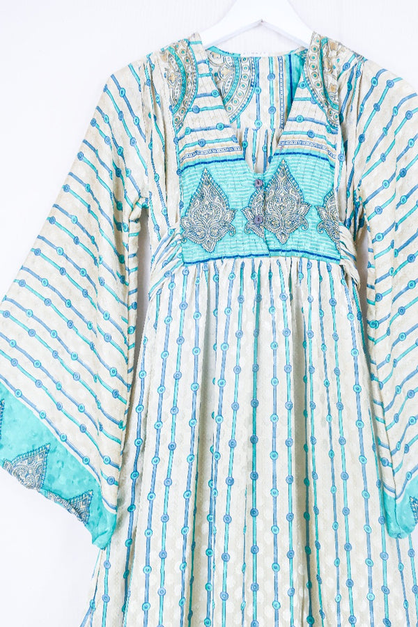 Lunar Maxi Dress - Vintage Sari - Sand & Seafoam Graphic - Size XS by all about audrey