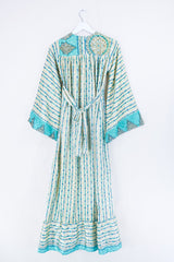 Lunar Maxi Dress - Vintage Sari - Sand & Seafoam Graphic - Size XS by all about audrey
