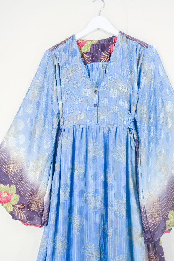 Lunar Maxi Dress - Vintage Sari - Misted Blue & Mustard Paisley - Size S/M by all about audrey