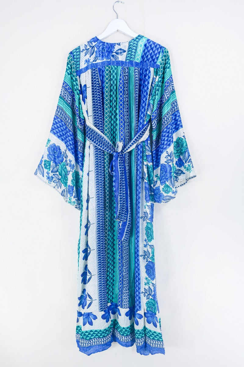Lunar Maxi Dress - Vintage Sari - Jade & Indigo Floral - Size S/M by all about audrey