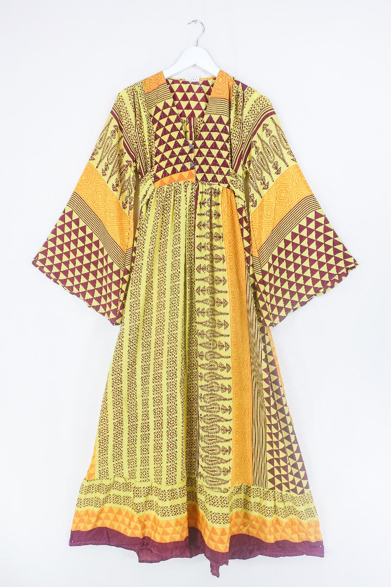 Lunar Maxi Dress - Vintage Sari - Lemon Sorbet Tile Print - Size XS by all about audrey