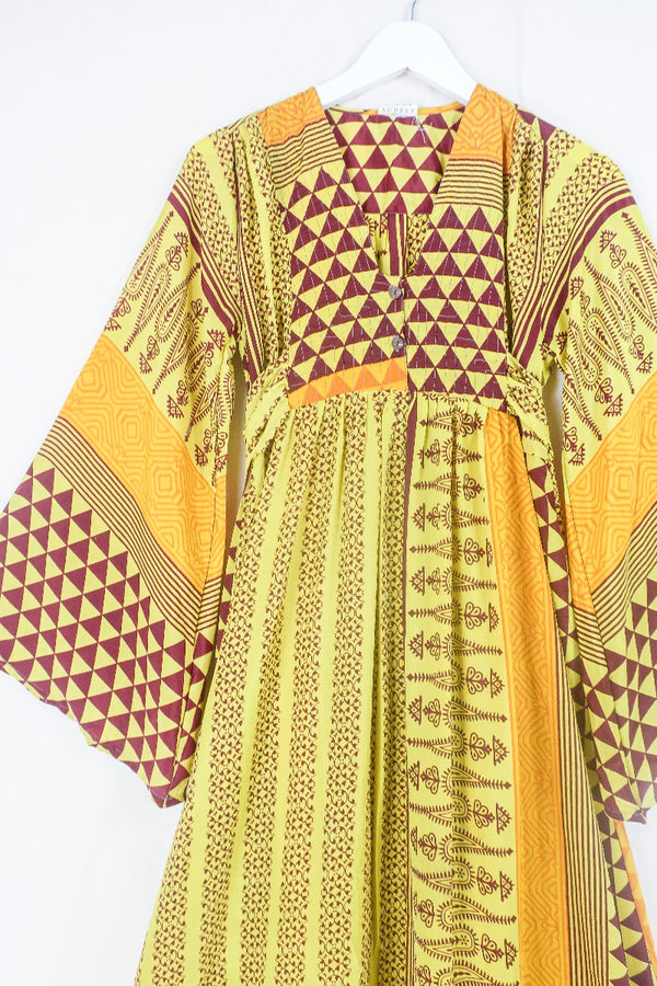 Lunar Maxi Dress - Vintage Sari - Lemon Sorbet Tile Print - Size XS by all about audrey