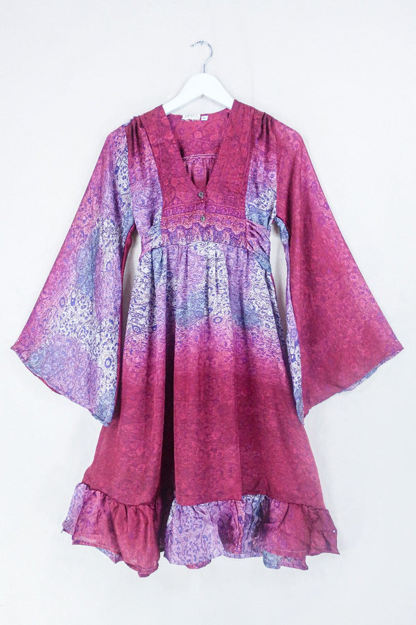 Lunar Mini Dress - Vintage Sari - Sunset Pink & Lavender Floral Paisley - Size XXS Petite by all about audrey