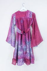 Lunar Mini Dress - Vintage Sari - Sunset Pink & Lavender Floral Paisley - Size XXS Petite by all about audrey