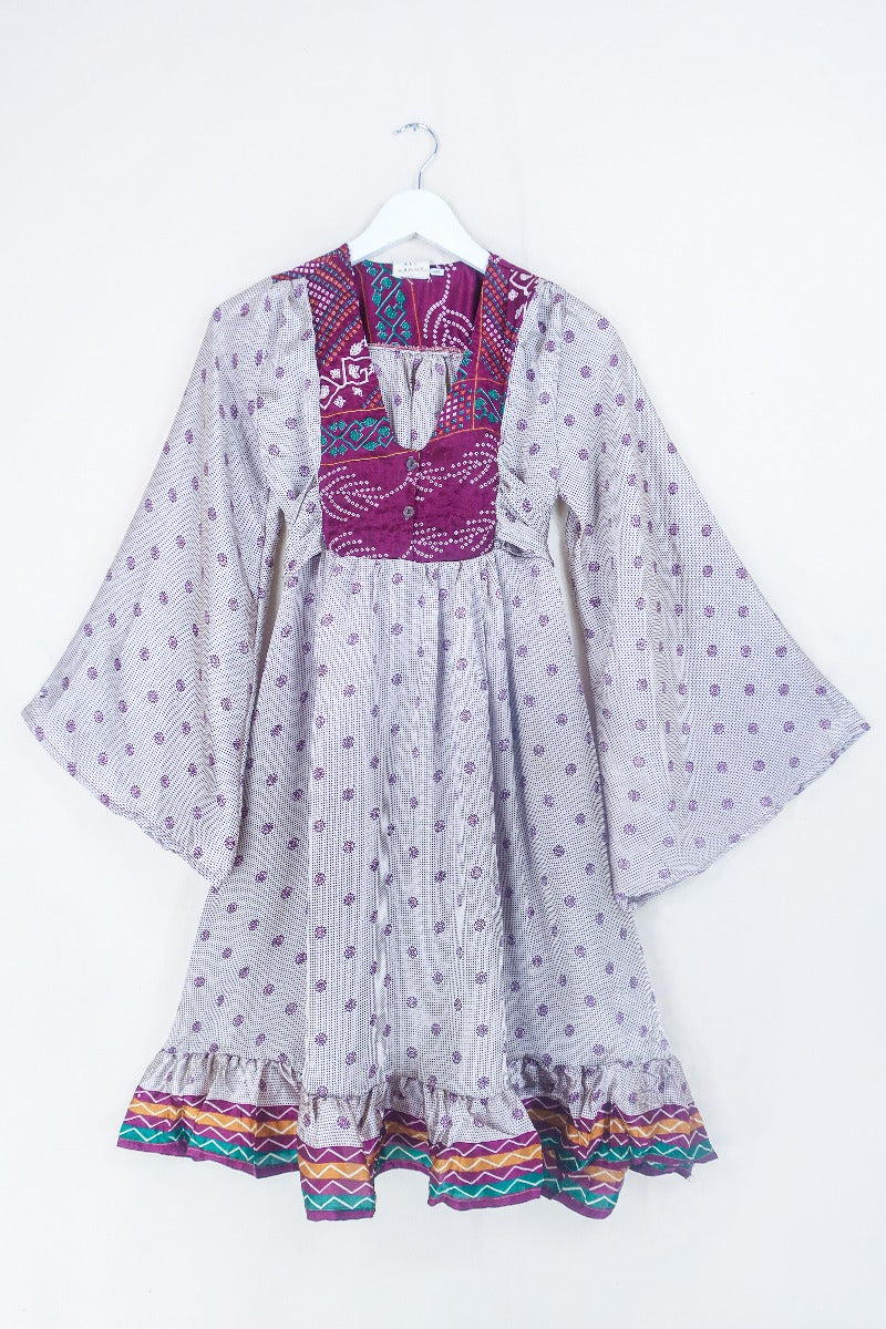 Lunar Mini Dress - Vintage Sari - Plum & Silver Mink Mandala - Size XXS Petite by all about audrey