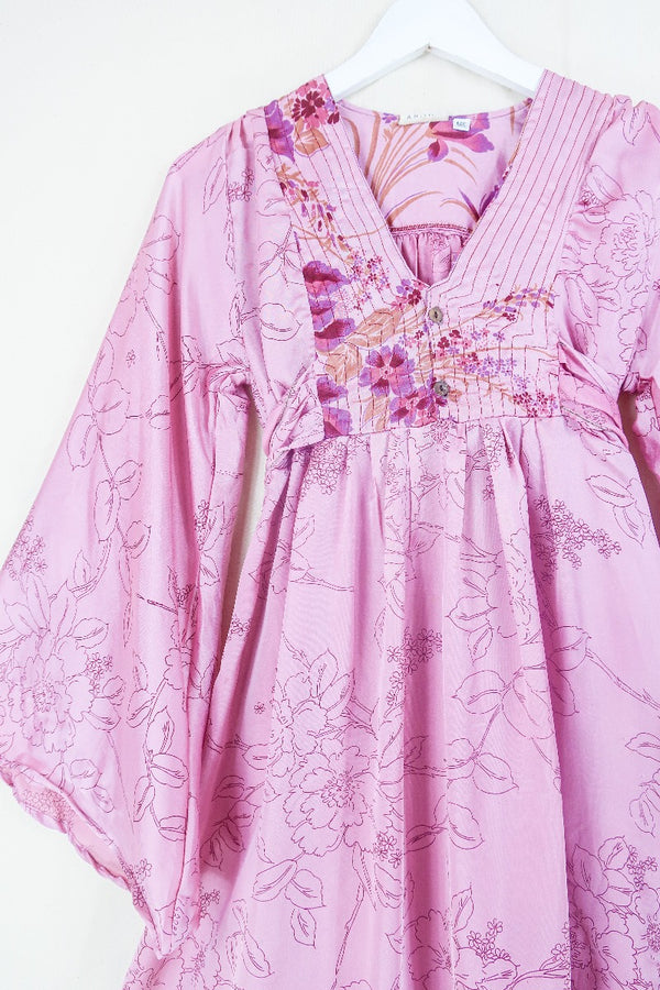 Lunar Mini Dress - Vintage Sari - Dusky Rose Pink Painted Floral - Size XXS Petite by all about audrey