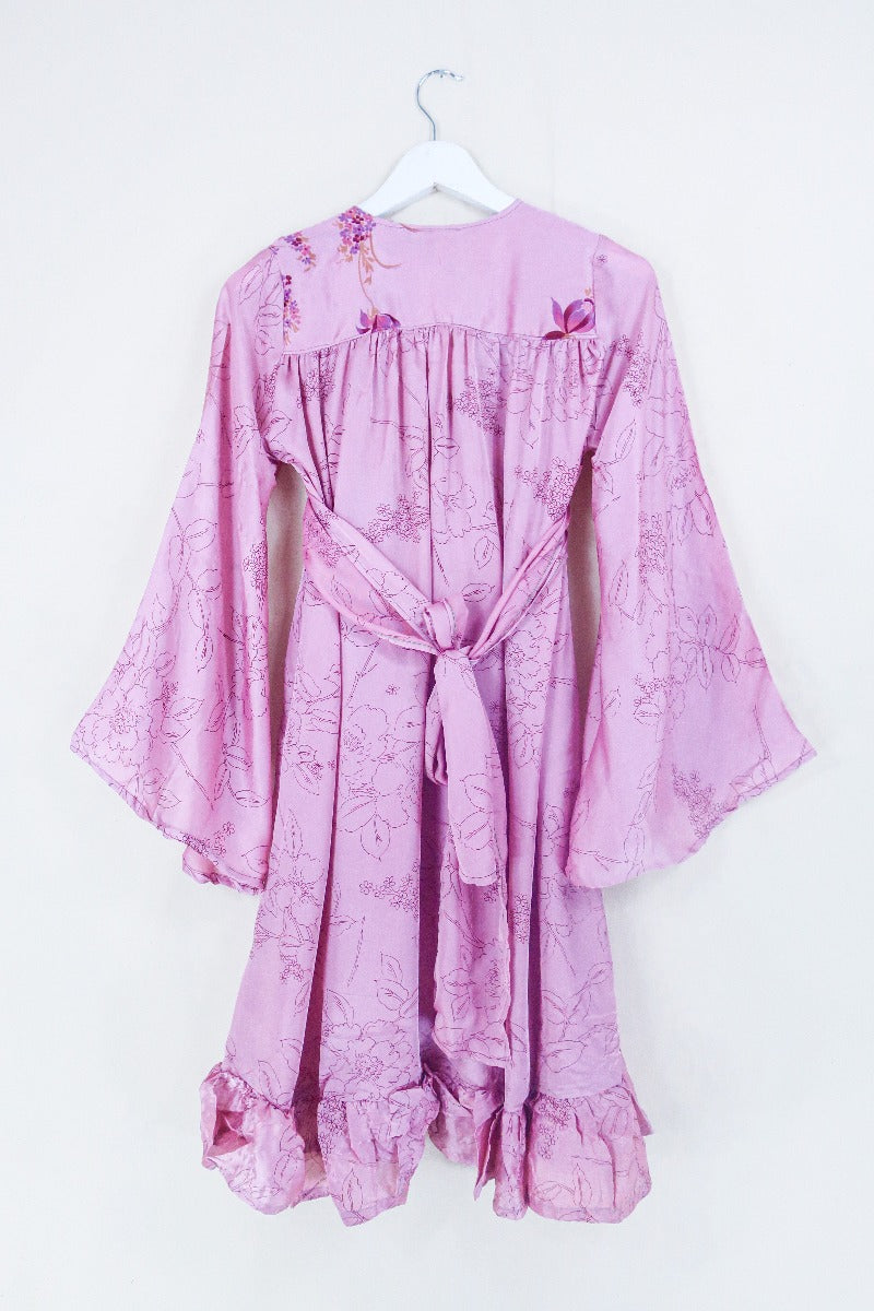 Lunar Mini Dress - Vintage Sari - Dusky Rose Pink Painted Floral - Size XXS Petite by all about audrey