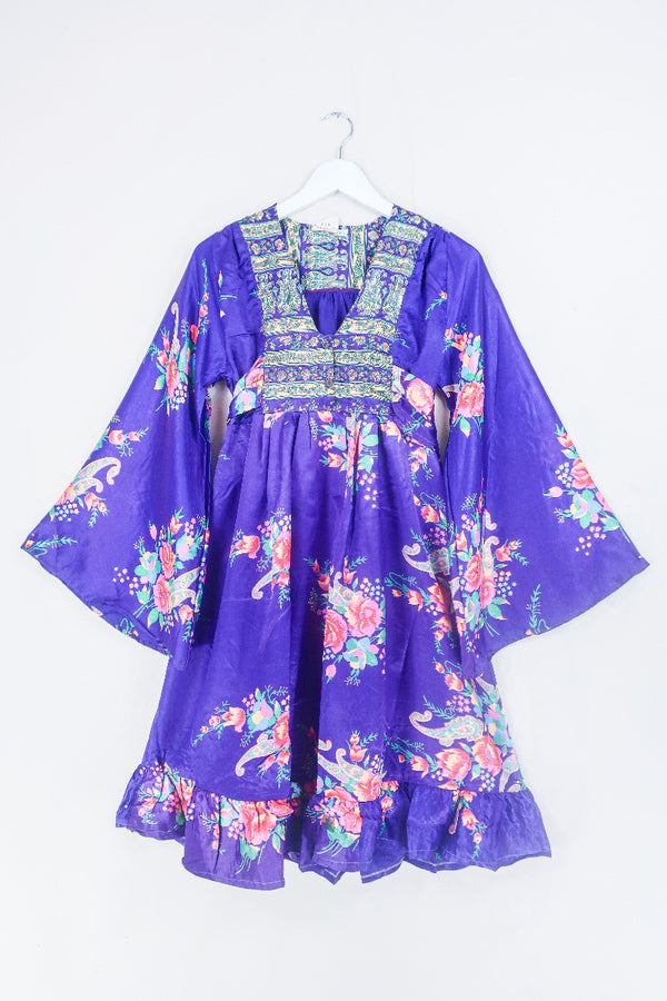 Lunar Mini Dress - Vintage Sari - Bright Amethyst Wallpaper Floral - Size XXS Petite by all about audrey