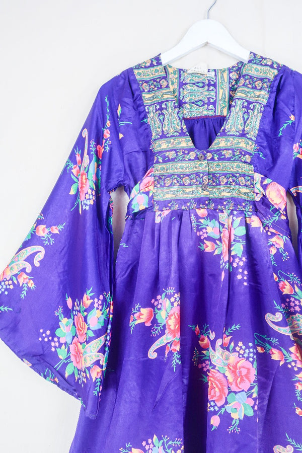 Lunar Mini Dress - Vintage Sari - Bright Amethyst Wallpaper Floral - Size XXS Petite by all about audrey