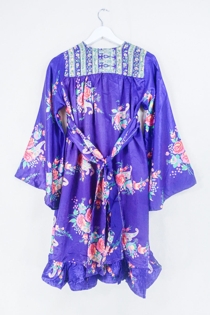 Lunar Mini Dress - Vintage Sari - Bright Amethyst Wallpaper Floral - Size XXS Petite by all about audrey