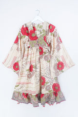 Lunar Mini Dress - Vintage Sari - Ivory & Ruby Red Bold Floral - Size XXS Petite by all about audrey