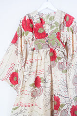 Lunar Mini Dress - Vintage Sari - Ivory & Ruby Red Bold Floral - Size XXS Petite by all about audrey