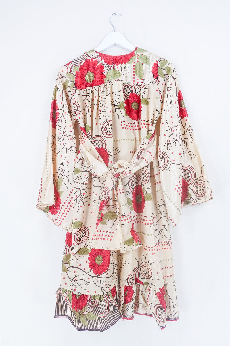 Lunar Mini Dress - Vintage Sari - Ivory & Ruby Red Bold Floral - Size XXS Petite by all about audrey