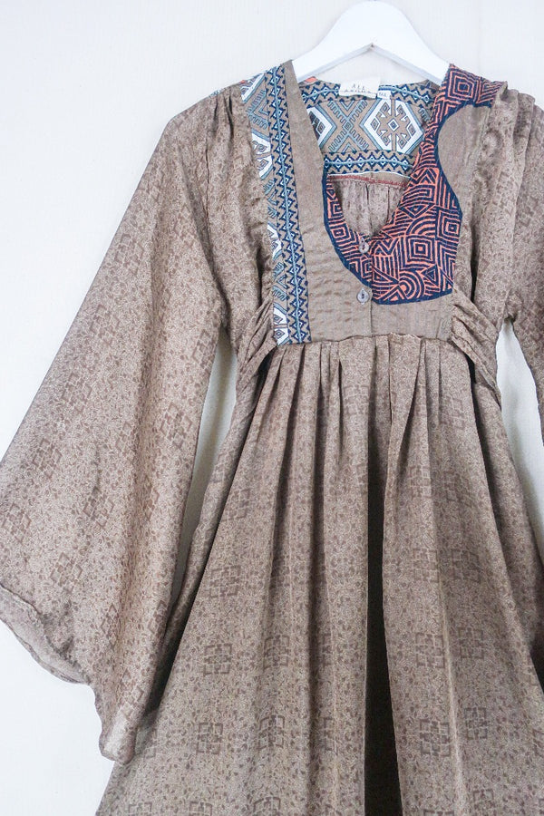 Lunar Mini Dress - Vintage Sari - Clay Brown Garden Path Floral - Size XXS Petite by all about audrey