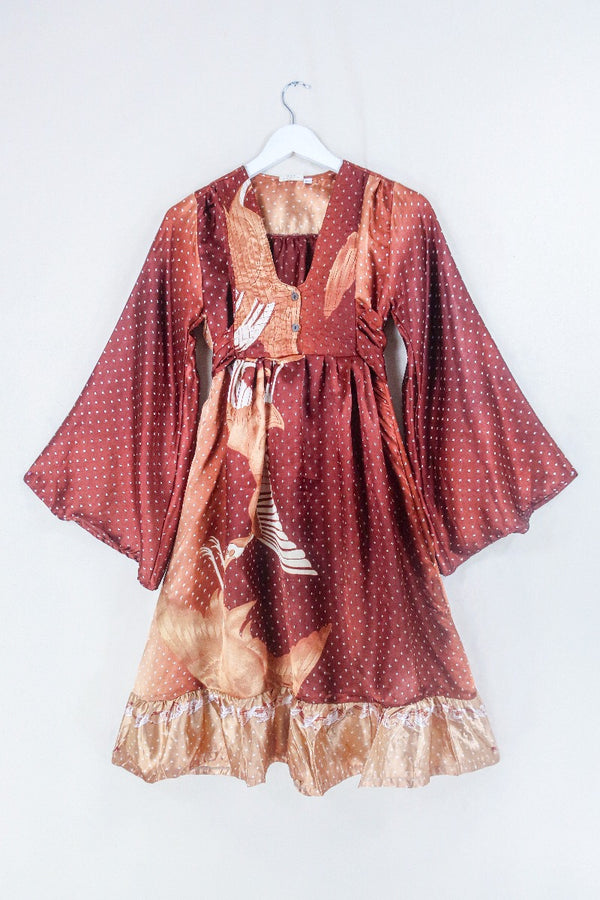 Lunar Mini Dress - Vintage Sari - Bronze & Copper Ombre Cranes  - Size XXS/XS Petite by all about audrey