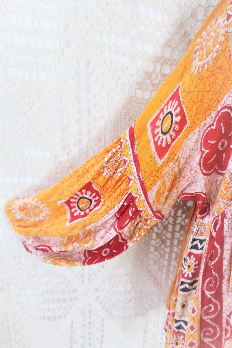 Yellow red and white bold floral patchwork pattern Daisy vintage cotton smock top. All About Audrey
