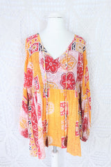 Yellow red and white bold floral patchwork pattern Daisy vintage cotton smock top. All About Audrey
