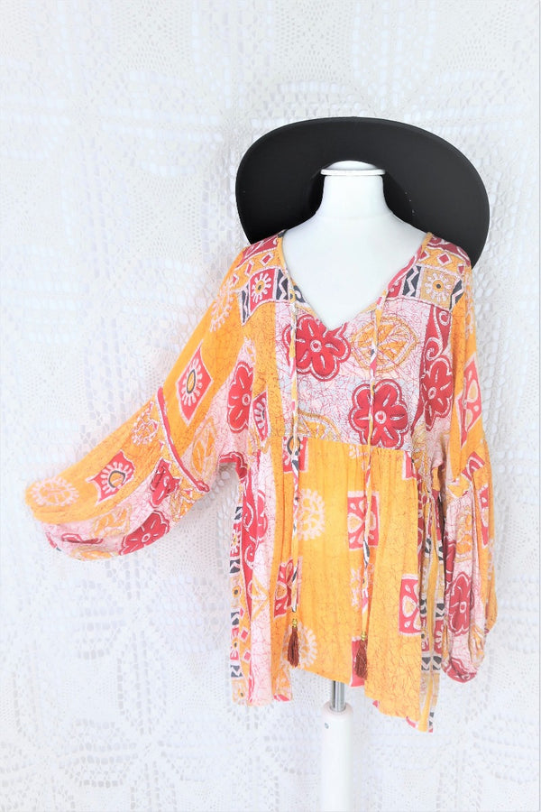 Yellow red and white bold floral patchwork pattern Daisy vintage cotton smock top. All About Audrey