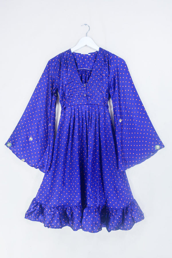 Lunar Mini Dress - Vintage Sari - French Violet and Golden Sequin - Size XXS Petite. By All About Audrey. 