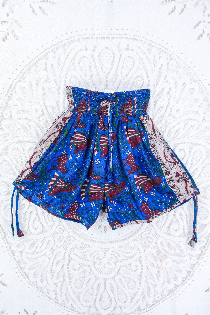 Pippa Shorts - Majorelle Blue & Burgundy Pastoral Print - Vintage Indian Sari - S/M By All About Audrey