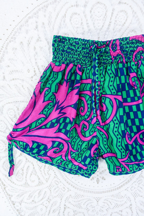 Pippa Shorts - Forest Green & Pink Abstract Swirl - Vintage Indian Sari - S/M By All About Audrey
