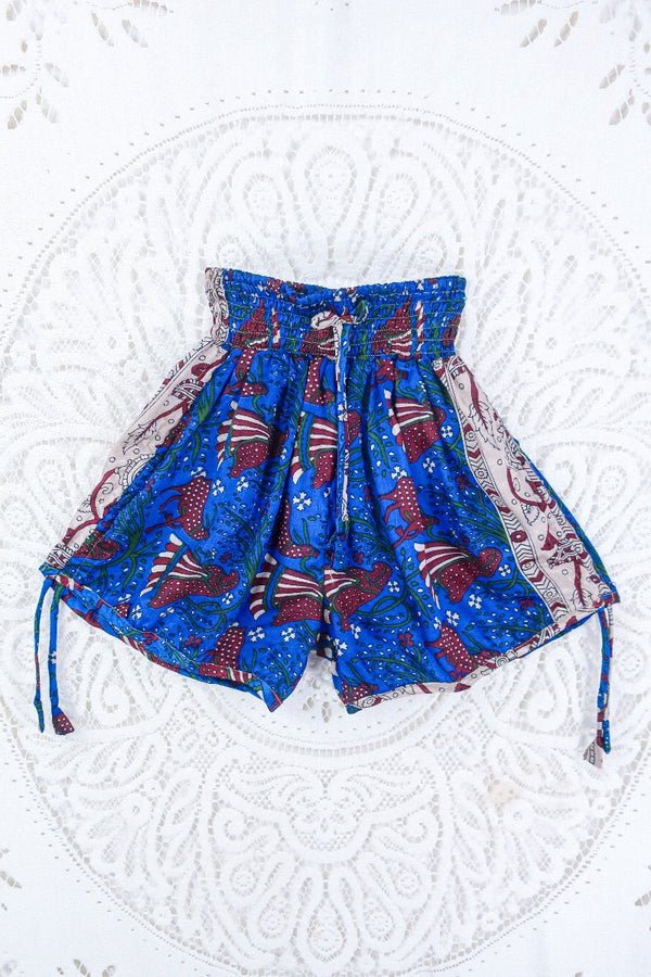 Pippa Shorts - Majorelle Blue & Burgundy Pastoral Print - Vintage Indian Sari - S/M By All About Audrey