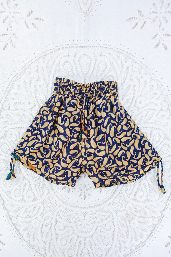 Pippa Shorts - Night Sky Blue & Gold Paisley - Vintage Indian Sari - S By All About Audrey