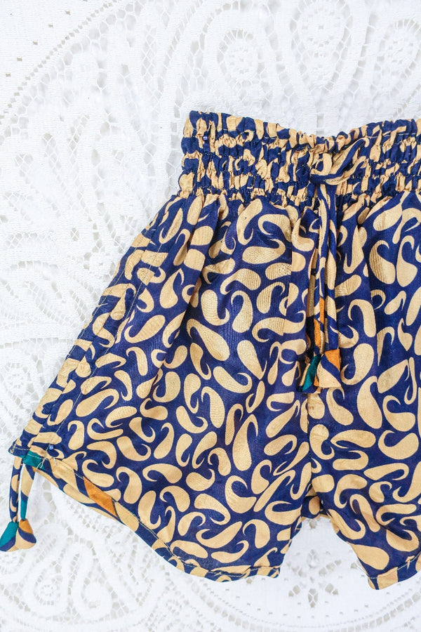 Pippa Shorts - Indigo & Champagne Bold Paisley - Vintage Indian Sari - S/M By All About Audrey