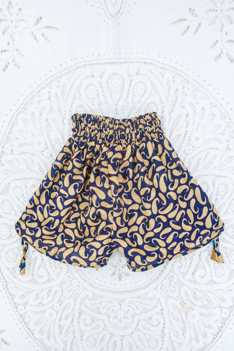 Pippa Shorts - Indigo & Champagne Bold Paisley  - Vintage Indian Sari - S/M By All About Audrey