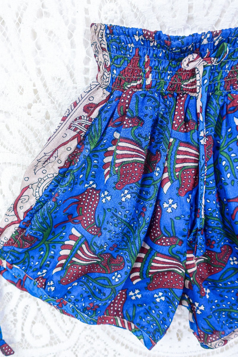 Pippa Shorts - Majorelle Blue & Burgundy Pastoral Print - Vintage Indian Sari - S/M By All About Audrey