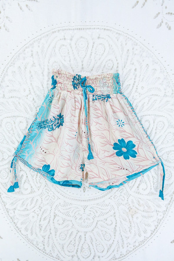 Pippa Shorts - Aqua & Oat Floral Jacquard - Vintage Indian Sari - S By All About Audrey
