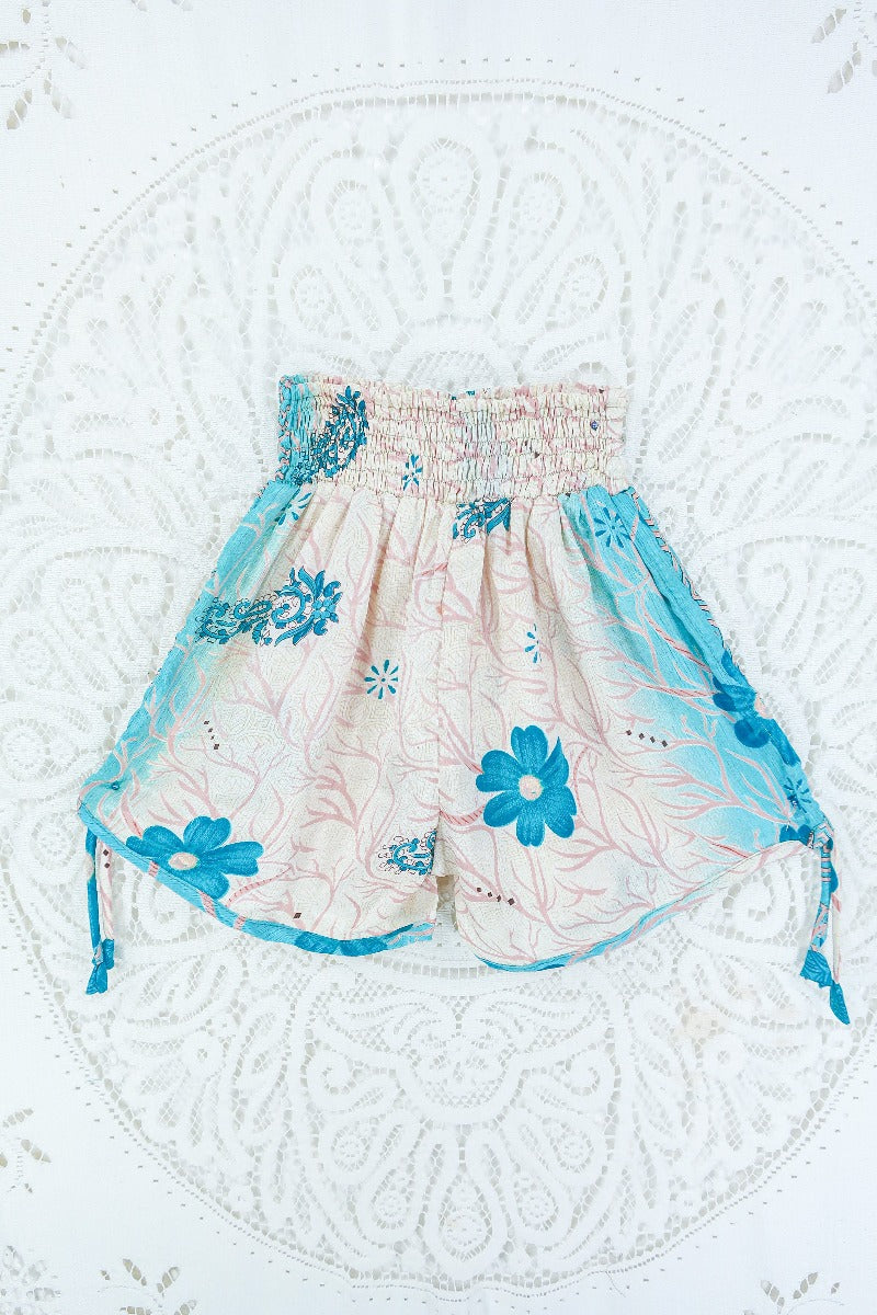 Pippa Shorts - Aqua & Oat Floral Jacquard - Vintage Indian Sari - S By All About Audrey