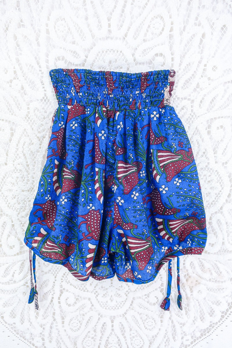 Pippa Shorts - Majorelle Blue & Burgundy Pastoral Print - Vintage Indian Sari - S/M By All About Audrey