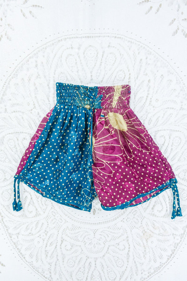 Pippa Shorts - Wine & Deep Teal Patchwork Floral - Vintage Indian Sari - S By All About Audrey