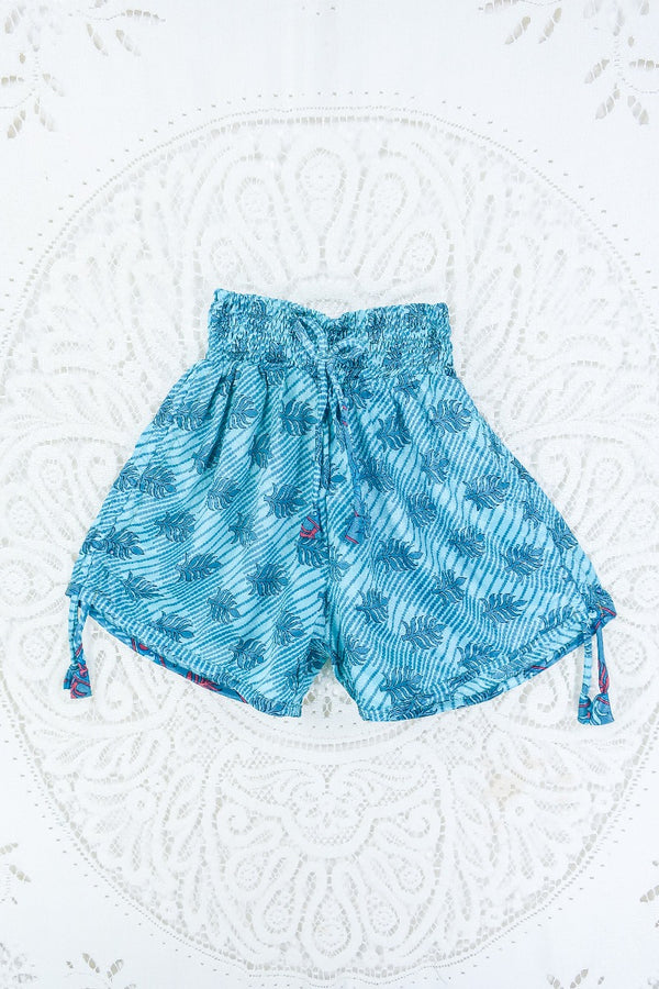 Pippa Shorts - Powdered Turquoise & Stone Ferns - Vintage Indian Sari - S By All About Audrey