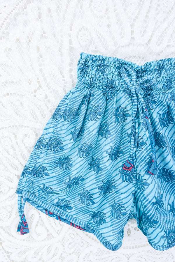 Pippa Shorts - Powdered Turquoise & Stone Ferns - Vintage Indian Sari - S By All About Audrey