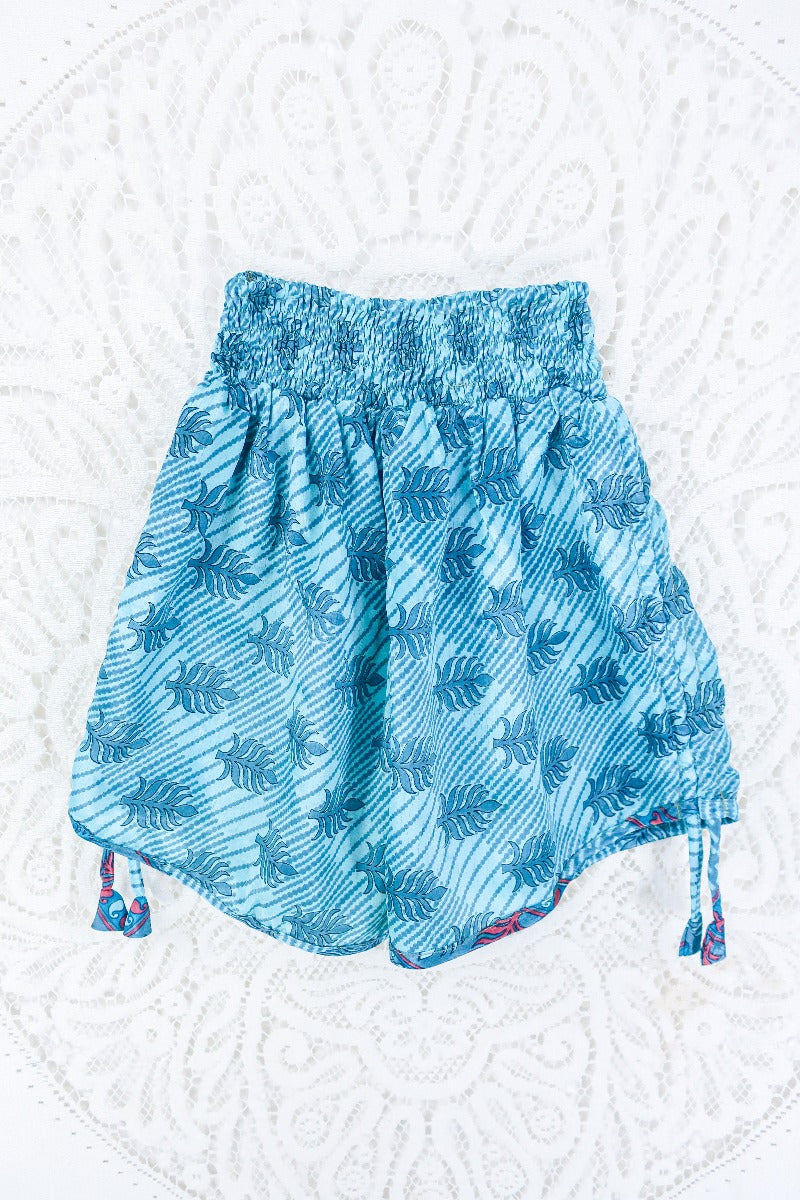 Pippa Shorts - Powdered Turquoise & Stone Ferns - Vintage Indian Sari - S By All About Audrey