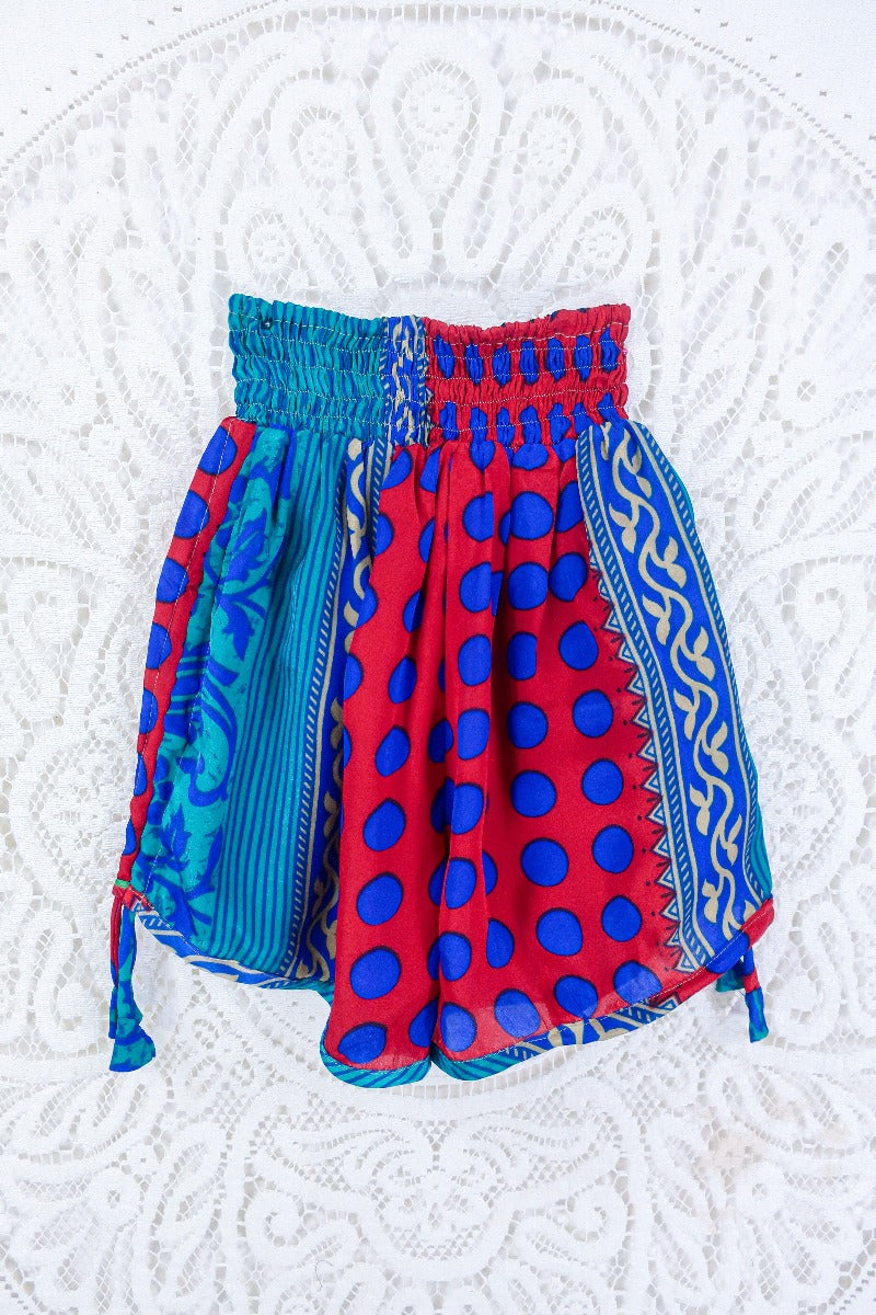 Pippa Shorts - Scarlet & Marine Polka Dot - Vintage Indian Sari - S By All About Audrey