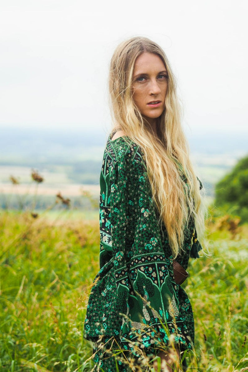 Peacock Prairie Bohemian Smock Top - Forest Green Rayon - ALL SIZES All About Audrey