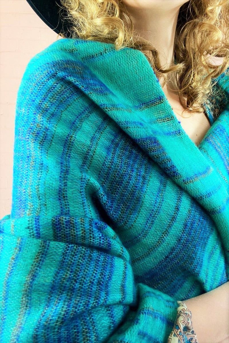 close up on stripy seafoam, navy, turquoise & rust reversible recycled Indian shawl - All About Audrey
