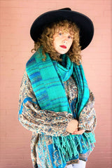 seafoam and blue stripy recycled Indian shawl wrapped twice around a model's neck - All About Audrey