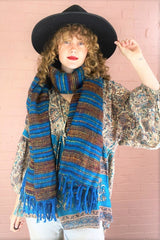 recycled Indian shawl in sapphire with ruby & gold stripe reversible pattern - All About Audrey