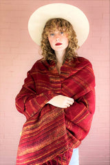 red, black & yellow stripy recycled Indian shawl wornd draped over model's shoulders and upper body - All About Audrey