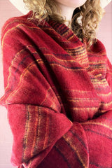 close up on cherry red, black & yellow stripy reversible recycled Indian shawl - All About Audrey