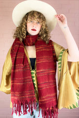 cherry red reversible recyled Indian shawl with black and yellow stripes - All About Audrey