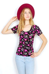 Vintage Top - Jet & Pink Blossom Print - Free Size S/M by all about audrey