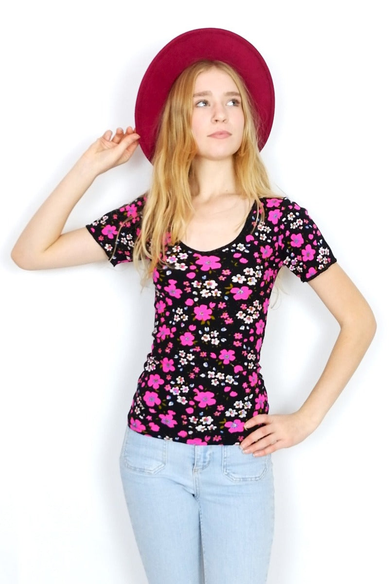 Vintage Top - Jet & Pink Blossom Print - Free Size S/M by all about audrey