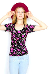 Vintage Top - Jet & Pink Blossom Print - Free Size S/M by all about audrey